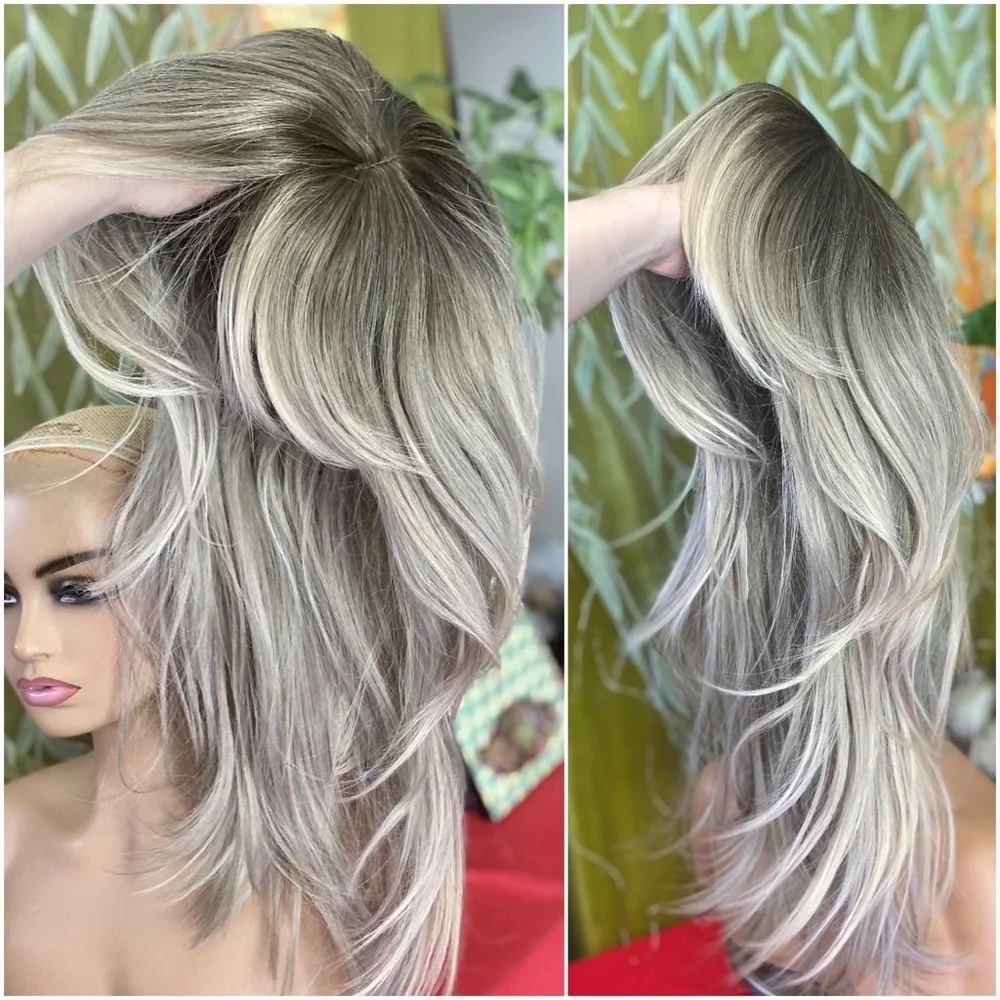 grey blonde  long layered wig curtain bangs